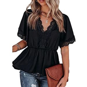 Zomer Kant Peplum Shirt V-hals Kant V-hals Zomer Kant Peplum Shirt Ruches Ademend V-hals Tie Back Taille voor Zakelijke Reizen (L)