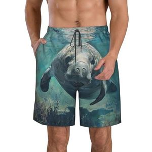 Crazy Save Manatee Print Casual Shorts voor heren, elastische taille, trekkoord, lichtgewicht, outdoor, zomer, strandshorts, Wit, S