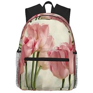 NOKOER Roze tulpen bedrukte lichtgewicht casual rugzak,Laptop rugzak waterdichte canvas tas,Camping rugzak reizen dagrugzak, Zwart, One Size