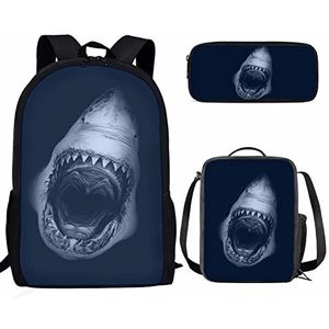 SEANATIVE Cool Shark Print Tiener Jongens Casual Sport Dagpack Middelbare School Tas College Laptop Rugzak Met Lunch Box Pen Case