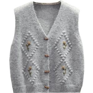 GKEIOSHQIL Dames bloemen geborduurde trui zonder mouwen met hoornknop, trendy casual herfst gebreid vest top,Grijs,L