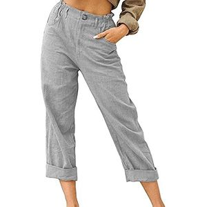 Linnen broek dames 7/8 lengte zomerbroek Vrije tijdsbroek Effen kleur Lichte en comfortabele stoffen broek Hoge taille yoga broek Harembroek Strandbroek met zakken (Color : Gray, Size : L)