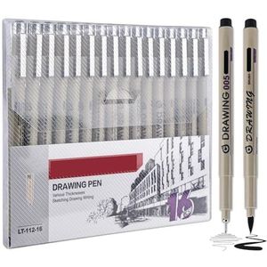 Fineliner zwarte set, 16 stuks fineliner set zwart met 16 verschillende lijnbreedtes, Micron fineliner pennen, zwarte viltstiftenset, stabilo fineliner zwart, watervaste inktpen