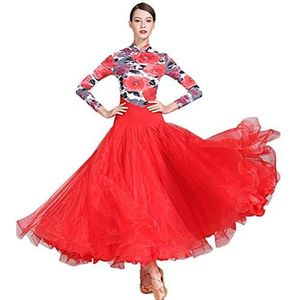 Yhsgscr Ballroom trainingsoutfit met lange mouwen Dames bedrukte wals moderne dansjurk Banket grote swingrok Zachte elastische National Standard dansoutfit,Rood,L