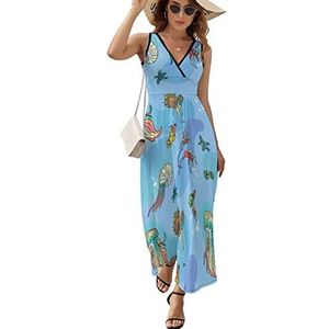 Under Sea World Maxi lange jurk voor dames, V-hals, mouwloos, tankjurk, zonnejurk, zomer