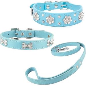 Newtensina 3 stuks hondenhalsband en riem set diamanten bloem bot halsband met riem voor kleine honden, puppy honden, 3 stuks pak (0391) - blauw - XS