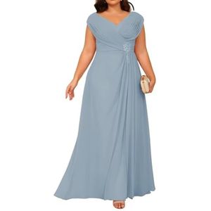 Dames chiffon moeder van de bruid jurk voor bruiloft ruches galajurken cocktailjurk plus size, Dusty Blauw, 32