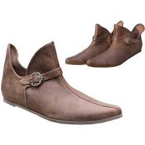 Middeleeuwse laarzen Heren korte laarzen PU Lederen platte enkele schoenen met verstelbare riem Gesp Retro lederen enkellaarzen voor heren dames,Bruin,43