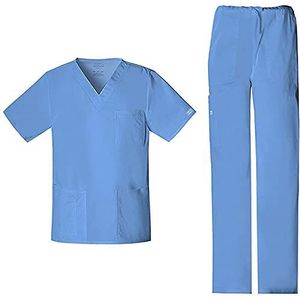 Cherokee Scrub Set voor mannen of vrouwen, traditionele pasvorm 4 zakken V-hals top 4725 met 5 zakken natuurlijke stijging Cargo broek 4043, Ciel- XL Top/XL broek