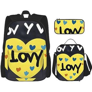 Love You with All My Heart Rugzak met grote capaciteit, lunchtas, pennenzak, 3-delige set voor kantoor, reizen, kamperen, uniseks, Zwart, Eén maat