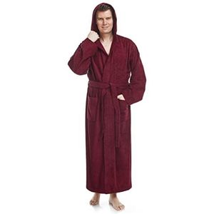 Herenbadjas met capuchon, enkellengte, 100% Katoenen Badstof, Bordeaux, S