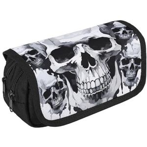 VFKLT Witte en grijze schedel grafische etui dubbellaags etui grote capaciteit potlood tas dubbele rits draagbare pennenetui make-up tas voor mannen vrouwen reizen zakelijk kantoor, Wit, Eén maat,
