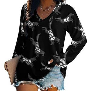 Running Wild Wolf vrouwen casual lange mouw T-shirts V-hals gedrukte grafische blouses Tee Tops XL