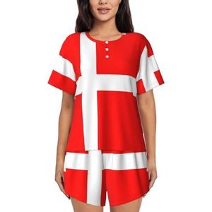 Denemarken Deense vlag print dames zomer zachte tweedelige bijpassende outfits korte mouw pyjama lounge pyjama sets, Zwart, XXL