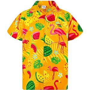 Funky Hawaiiaans Overhemd, Hawaii-Overhemd, Korte Mouw, Flamingo Melon, Geel, L