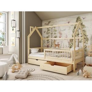 thematys® Oskar Huisbed 90 x 200 cm, kinderdroombed met laden, in wit, grijs, lichtgrijs en natuur, kindveilig en duurzaam (natuur)