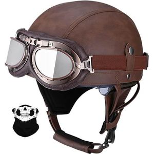 3/4 Jethelmen Voor Volwassenen Motorhelm Retro Bromfietshelm 3/4 Open Motorhelmen Met Bril PU Leer Scooterhelm Chopper Dames Heren DOT/ECE Gecertificeerd A,M=57-58CM