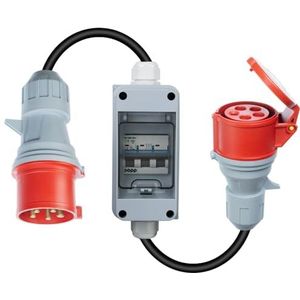 CEE Adapter 32A stekker naar 16A koppeling met LS-schakelaar C16, 3-fasen, 380-415V, 5-polig, H07RN-F 5G 2,5 mm² kabel, IP44 waterdicht (32-MCB-16)