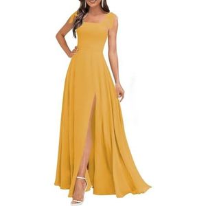 Chiffon bruidsmeisjesjurken voor dames, met spleetplooien, formele avondjurken, grote maten, Mosterd Geel, 32