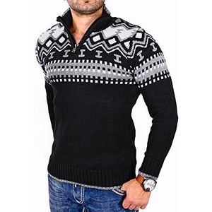 Reslad RS-3110 Gebreide trui voor heren, crewneck, rits, wintertrui, Noorse trui, zwart, XL