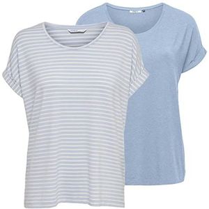 Only Dames O-hals top T-shirt Moster set van 2 basic korte mouwen ronde hals shirt regular fit bovendeel zomer strepen blauw roze groen zwart XS S M L XL XXL, Cashmere Blue W/Cd Stripes, XL