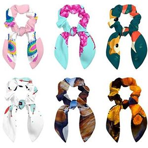 6 stuks haarscrunchies - twee flamingo's op bloem haar sjaal scrunchy met lint strik, elastische haarbanden paardenstaarthouders voor vrouwen tienermeisjes