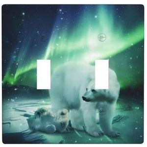 ZhaoYuGoods Northern Lights Polar Bear Print Muurplaat, Dubbele Toggle Lichtschakelaar Outlet Cover 2-Gang 11,4 cm x 11,4 cm, PC Decoratieve Voorplaat voor Thuis & Kantoor