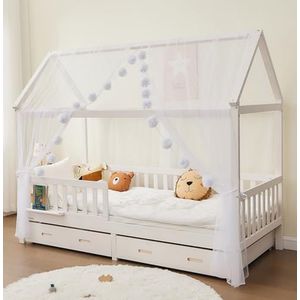 ALAVYA HOME Huisbed hemeldecoratieset, 3-delig, 2 x bedhemel voor kinderbed + grote pompon ketting, GOTS-gecertificeerd, 100% polyester, kinderkamerdecoratie, Skandi-stijl, voor meisjes en jongens