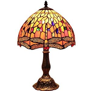 Bieye L30023 Dragonfly Tiffany-stijl glas-in-lood tafellamp nachtlampje met 12 inch brede lampenkap en metalen voet, oranje, 18 inch hoog