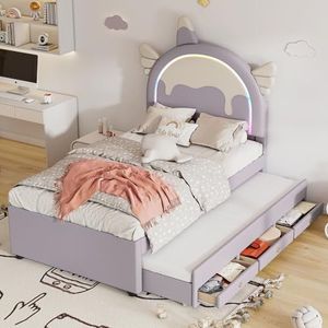 BXEYXE 90 x 200 cm cartoon kinderbed, eenhoornvorm, uitgerust met uittrekbaar rolbed, PU-materiaal, violet