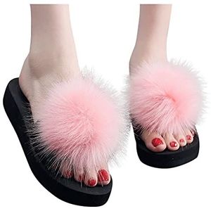 Mfacl Bont slippers bont vrouwen slippers dikke zolen glijbanen zachte onderkant thuis schoenen antislip eva indoor outdoor dames huis schoenen pluizige slippers (Color : Pink, Shoe Size : 37 EU)