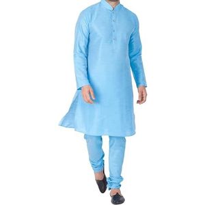 Lakkar Haveli Mannen Indiase traditionele Shirt Kurta Pyjama Pant Set Blauw Zijde, Blauw, XL