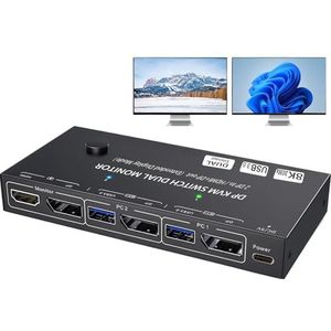 8K Displayport KVM Switch 2 PC 2 Monitor 4K @144Hz 8K @30Hz, MST Dual Monitor KVM Switch DP IN/DP+HDMI Out voor 2 PC shar 2 monitoren en 4 USB 3.0 poorten, KVM-switches DisplayPort 1.4 met bekabelde
