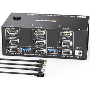 KVM Switch 2 PC 3 monitoren 8K@60Hz 4K@144Hz,ESKEVE HDMI+2 Displayport KVM Switch voor 2 PC Share 3 monitoren en 4 USB3.0-apparaten, met 12V DC-voeding+bedrade afstandsbediening en 2 USB-kabels