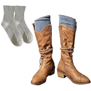 Hoge Dameslaarzen Met Spitse Neus Retro Western Cowboylaarzen Herfstlaarzen Met Lange Schacht En Blokhak Enkellaarsjes Van PU-leer Met Studs + Kwastjes Vrije Tijd Winterschoenen(Brown,40 EU)