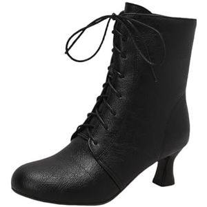 Traditionele Laarzen Met Hak Dames Enkellaarsjes In Grote Maten Retro Middeleeuwse Ankle Boots PU Leren Booties Hoge Hakken Met Bandjes Herfst-winter Enkelschoenen(Black,43 EU)