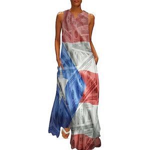 Puerto Ricaanse vlag op dollar geld dames enkellange jurk slim fit mouwloze maxi-jurken casual zonnejurk 2XL