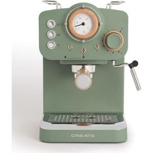 CREATE / THERA MATT RETRO/Express koffiezetapparaat saliegroen en hout/gemalen koffie en ESE-pads, halfautomatische koffiemachine met 15 bar drukpomp en vermogen 1100 W, matte afwerking