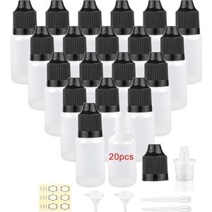 Apstaqeoo 20 stuks, 20 ml plastic druppelflesjes, lege knijpbare vloeibare druppelaar fles oogdruppelaars monsterdispenser witte verf druppelflesjes met dop, trechter, label, druppelaar voor
