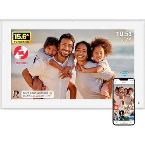 Frameo 15,6 inch digitale fotolijst WiFi met 32 GB, Full HD IPS-touchscreen (1920 x 1080), verzending op afstand van foto's en video's via Frameo-app, wandmontage, wit, ouders en grootouders
