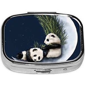 Mini vierkante pillendoos, medicijnorganizer, panda en maan, draagbare EHBO-doos, reispillendoos met 2 vakken, kleine pillendoos voor zak of portemonnee