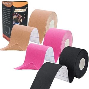 ANAMPION 3 Rollen Kinesiologie Tape,5mX5cm Kinesiotape,Profi Physio Tape Sporttape,Elastisch,Latexvrij (Zwart+Roze+Huidtint)