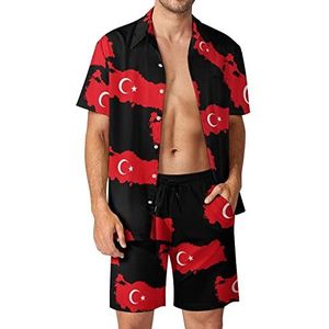 Turkije Kaart Vlag Mannen Hawaiiaanse Bijpassende Set 2 Stuk Outfits Button Down Shirts En Shorts Voor Strand Vakantie