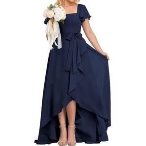 High-Low Prinses Bruidsmeisjesjurken Vierkante Hals Galajurk Chiffon Formele Avondfeestjurk met Mouwen, Donkerblauw, 46 grote maten