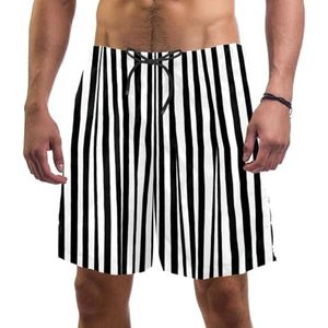 PAFEFO Zwart Wit Strepen Patroon Mannen Board Shorts, Sneldrogende Strand Zwemmen Sport Suits met Zakken, Zwart Wit Strepen Patroon, L