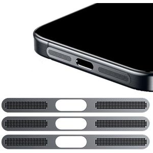 GIOPUEY Mesh Anti Dust Metal Sticker voor iPhone 15 Plus, 3-pack Geïntegreerde Beschermende Luidspreker en Oplaadpoort - Zwart