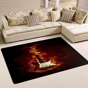 Vloerkleed 100 x 150 cm, elektrische gitaar in vlammen brandend vuur vloertapijt, antislip kantoormatten wasbare welkomstmat, voor woonkamer, keuken
