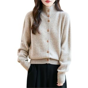 Lange Mouw Vest Dames Kasjmier Gebreide Trui Herfst Winter Warme Staande Kraag Vest Met Knopen Wol Gebreide Trui Slim Fit Tops(Beige,XL)