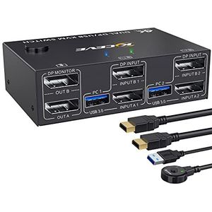 USB 3.0 DP KVM Switch 2 Monitoren 2 Computers, 4K@144Hz Extended Display, Dual Monitor KVM-switch Displayport 1.4, 2-poorts KVM USB-Switch voor 4 USB-apparaten Toetsenbordmuis, met DP en USB-kabel