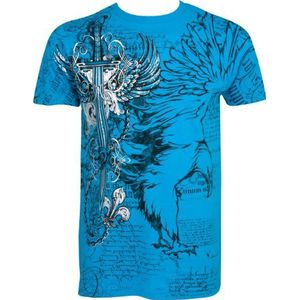 Sakkas Adelaar, zwaard en kettingen metallic zilver reliëf korte mouw ronde hals katoen heren mode T-shirt, Turkoois, L
